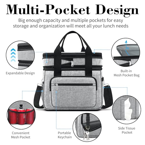 Coobiiya Insulated Lunch Box for Men & Women, Leakproof Lunch Bag Cooler Bag with 4 Pockets,Heavy Duty Lunch Bags Men Cooler Bags for Camping, Travel, Work Kayaking & Beach - color: Gray, size: X Large – 23L (Double-Layer)