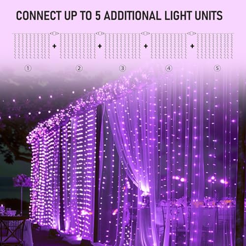Dazzle Bright 300 LED Christmas Curtain String Lights, Halloween Fairy Lights for Bedroom with 8 Lighting Modes, Waterproof Window Light Party Wedding Garden Wall Decor, Purple - color: Purple