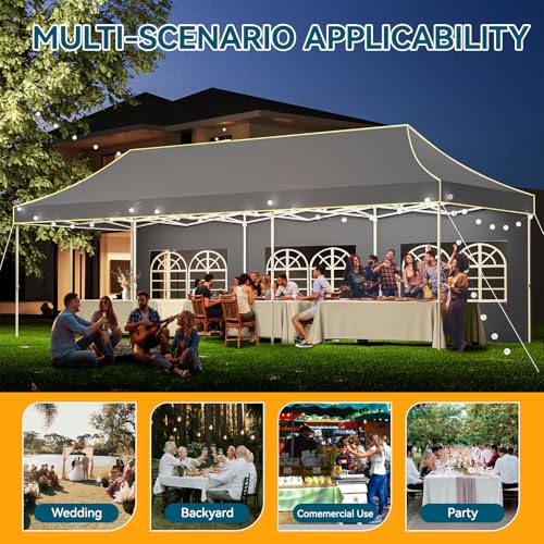 Hoteel 10x30 Pop Up Canopy Tent Heavy Duty with 5 Sidewalls, Waterproof Party Tent, Easy Set-up Commercial Instant Tents with Roller Bag & Sandbags, Hexagonal Leg (1-Year Warranty) - color: Gray, size: 10×30 （5 Walls）