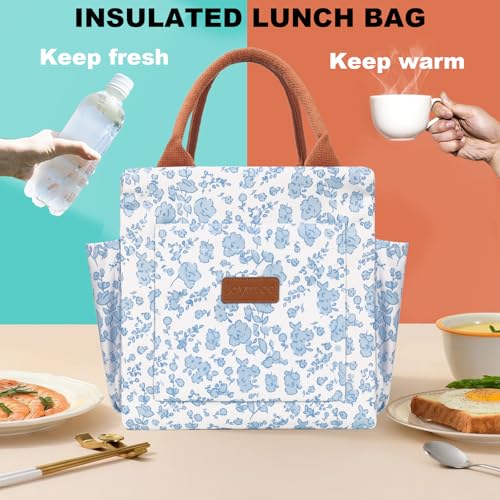 Joymee Lunch Bag Women Insulated Lunch Box Reusable Leakproof Large Spacious Cooler Tote for Women Men Adult with Bottle Holder and Side Pockets for Work Office Travel Picnic -Blue Floral - color: 04 Blue Floral