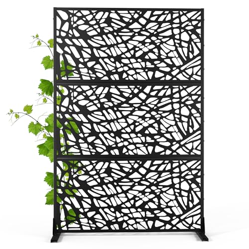 Modern Metal Privacy Screen, Patio Outdoor Privacy Panels with Stand, Freestanding Outdoor Divider for Yard, Deck＆Garden(71.3"*47.3"*15.7") - color: Black,Leaf Vein
