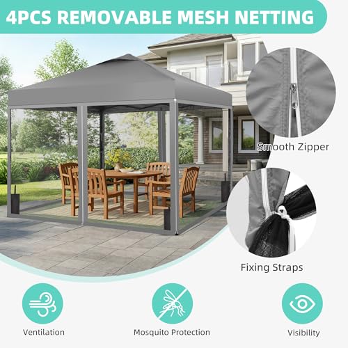 GDY 10x10 Pop up Canopy Tent with Mosquito Netting, Easy up Gazebo for Patio, Camping and Garden, Includes 4 Sandbags, Gray - color: Gray, size: 10x10 with Mosquito Netting