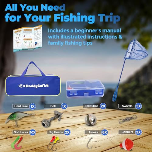 DaddyGoFish Kids Fishing Pole - Rod Reel Combo Tackle Box Starter Set - First Year Small Gear Kit for Boys Girls Toddler Youth Age Beginner Little Children - color: Blue (Essential Set), size: 5ft