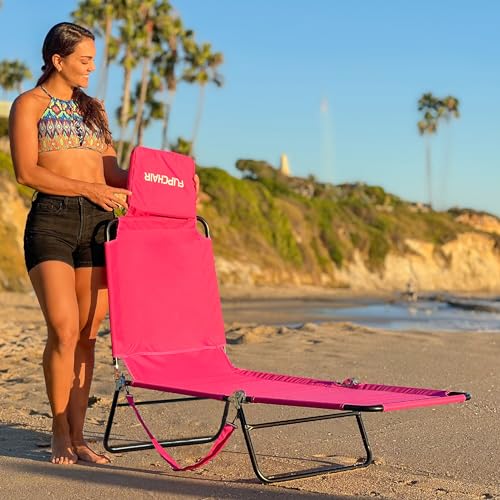 EASYGO PRODUCTS Lawn Chair Chaise Lounge 2 Legs Support Polyester Material Reclining Backrest Head Rest Pillow Great for Beach, Home, Backyard, Outdoor, Patio, Pool, Camping, Lawn or Deck Color Pink - color: Ecochair-pink