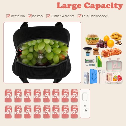 FlowFly Lunch Bag for Women Insulated Lunch Box Corduroy Lunch Tote Cooler for Travel Work Picnic,Corduroy Black - color: Corduroy Black