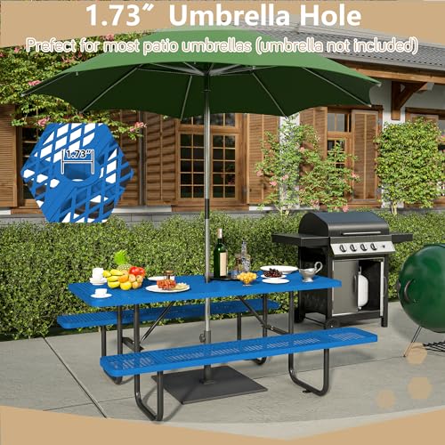 72 Inch Commercial Outdoor Picnic Table, Heavy Duty Rectangle Steel Patio Furniture Set with Bench Seats & Umbrella Hole, Weather Resistant Mesh Metal Dining Table for Backyard, Lawn, BBQ, Garden,Blue - color: Blue