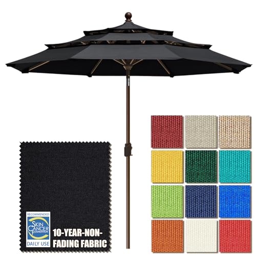 EliteShade USA 10-Year-Non-Fading 9ft 3-Tier Market Patio Umbrella, Commercial Grade Outdoor Table Umbrella with Crank Open, Windproof & UPF 50+ UV Protection, Heavy Duty Ventilation for Garden, Deck, Pool, Backyard, Beach & Bistro, Black - color: Black,