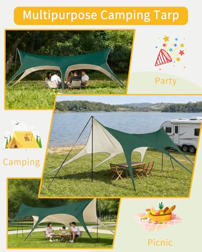 Camping Tarp with Poles, No Rope Tying 2-Step Setup, 11x18FT Waterproof 10-12 Person Tarp Shelter, 22ft² 2.6m Height 210D Oxford Family SUV Park Beach Outdoor Sun Shelter, Green - color: Green