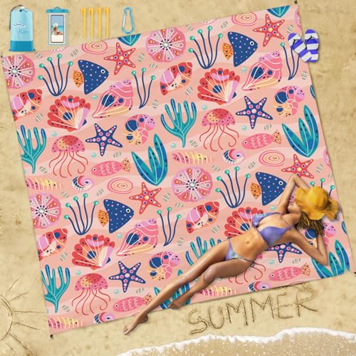 Famstar Beach Blanket Sandproof Waterproof 78''×110'' 1-7Adults Oversized,Compact Lightweight Durable Beach Mat for Travel Camping Hiking Picnic Blanket - color: Pink Ocean, size: 78''×110''