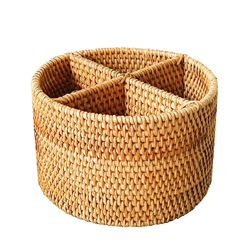 i-lan Natural Rattan 4 Compartments Storage Holder Cosmetics Organizer Utensil and Seasoning Bottle Serving Basket for Party(200mm 4-compartment Round Box) - size: 7.8"(round 4-section)