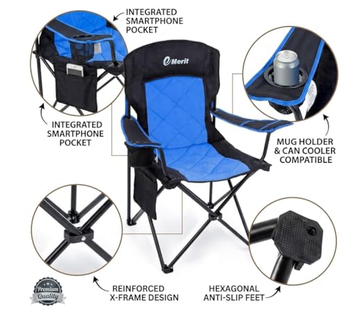 EMERIT Oversized Padded Camping Chair, 350LB Heavy Duty Quad Fold Chair with Arms, Collapsible Outdoor Chairs with Lumbar Back & Cup Holder - color: Blue