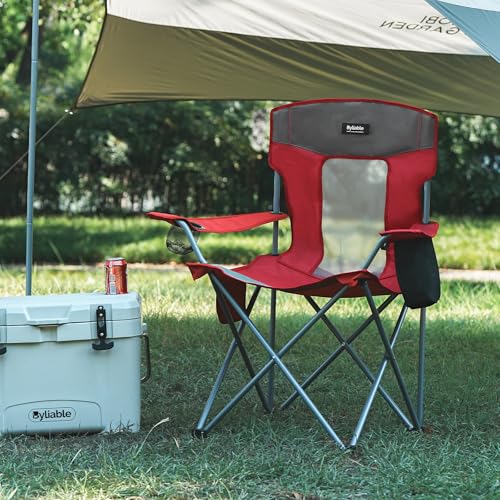 Camping Folding Chair Outdoor Lawn Portable Lightweight Camp Folding Chairs for Adult Outside with Cup Holder, Cooler Pouch & Side Pocket for Camping, Beach, Fishing, Sports or Tailgating Events, Red - color: Red