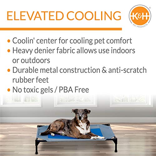 K&H Pet Products Coolin' Pet Cot, Outdoor Cooling Elevated Dog Cot for Large Dogs, Raised Bed with Cool-Core Center, Portable Pet Platform with Heavy-Duty Metal Frame - Large Gray/Blue - size: Large, style: Cooling Cot