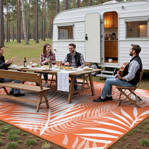 Outdoor Patio Rug, 6'x9' Plastic Straw Waterproof Mat, Reversible Camping Rug for RV Outside,Colorful Outside Layering Rug for Patios, Backyard, Deck, Balcony,Beach, Orange & White - color: Orange, size: 6' x 9' (Rectangular)