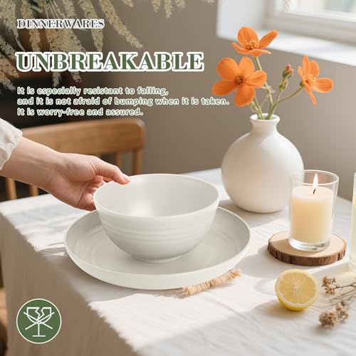 Wrova Wheat Straw Dinnerware Sets of 20,Dishwasher Safe Kitchen Plates and Bowls Sets,Camping Dishes Sets Contains Dinner Plates,Cereal Bowls,Drinking Cups and Flatware.(Beige) - color: Beige, size: 20 Pack