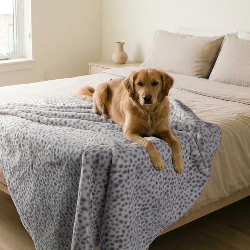 Waterproof Blanket for Bed, Couch, or Car - 60” x 80” Reversible Queen Size Throw Blanket for Reliable Leakproof Furniture Protection - Washable Pet Throws by Lavish Home (Snow Leopard Print) - color: White/Grey