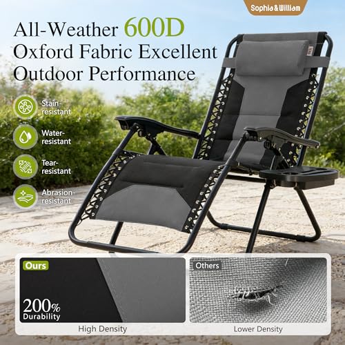 Sophia & William Oversized XL Zero Gravity Recliner Chair Set of 2 Padded, Folding Reclining Lounge Chair with Wide Armrest and Cup Holder, Support 400 LBS, Black - color: Grey, size: 2 Pack-Large