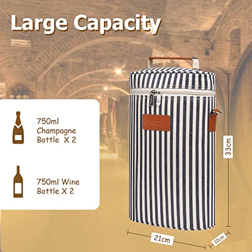 Tirrinia 2 Bottle Insulated Wine Tote Carrier - Leakproof, Padded Cooler Bag for Travel, BYOB, Tasting, Parties - Great Gift for Wine Lovers, Striped - color: Blue Stripe, size: 2 Bottle-without front pocket