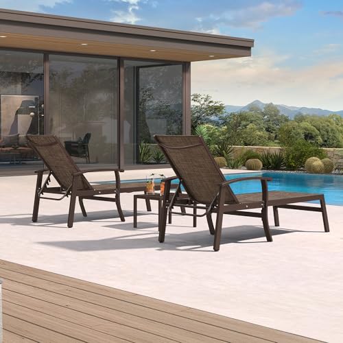 PURPLE LEAF Outdoor Chaise Lounge Chair Set of 3 Patio Pool Lounger Aluminum Chairs with Side Table and Wheels Adjustable Tanning Recliner with Armrests for Outside Backyard Deck Beach, Brown - color: Brown, size: Standard Upgrade