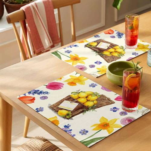 Spring Flowers Watercolor Placemats Set of 2, Summer Picnic Basket of Lemons Table Mats Washable Heat-Insulation Non-Slip Place Mats for Kitchen Dinner Table Indoor Outdoor Decor - size: 13''x19'' - 2PCS