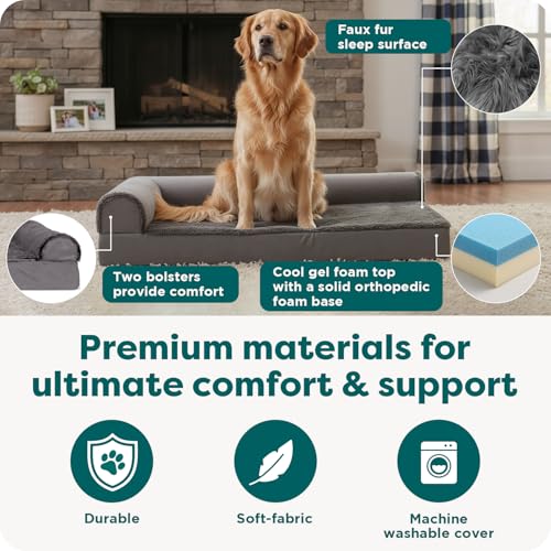 Furhaven Cooling Gel Dog Bed for Large Dogs w/ Removable Bolsters & Washable Cover, For Dogs Up to 95 lbs - Plush & Velvet L Shaped Chaise - Platinum Gray, Jumbo/XL - color: (Plush & Velvet) Platinum Gray, size: Jumbo