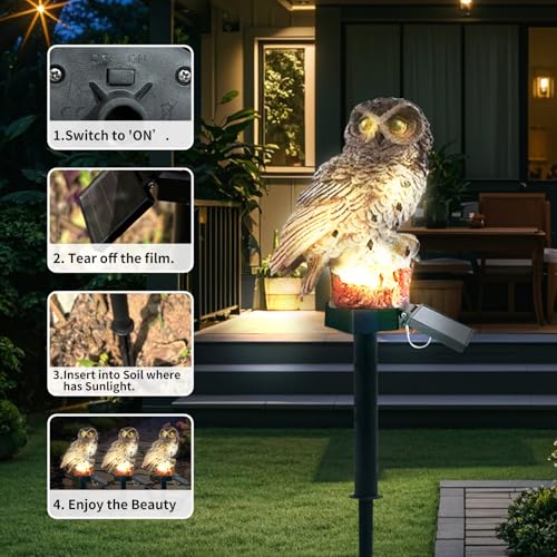 2 Pack Owl Figure Solar LED Lights, Resin Garden Waterproof Decorations with Stake for Outdoor Yard Pathway Outside Patio Lawn Decor (Brown)