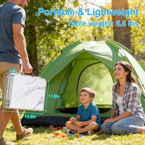 YUFIFAIRY Small Folding Camping Table, 2ft Portable Table with 3 Adjustable Heights, Aluminum Lightweight Foldable Picnic Table with Mesh Layer and Extension Legs for RV, BBQ and Indoor - color: White Marble Top & Silver Frame