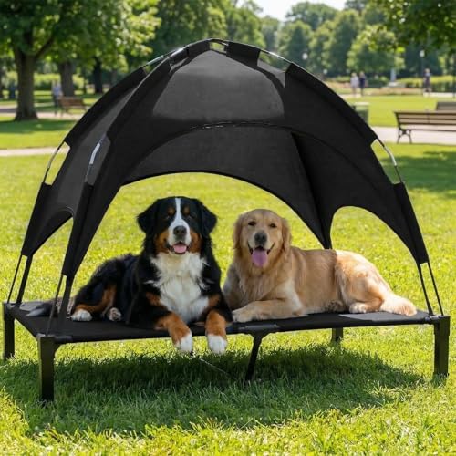 Elevated Dog Bed with Canopy Raised Pet Cot for Large Dogs, Outdoor Dog Cot with Removable Sun Shade Tent, Breathable Mesh Portable Dogs Cot for Camping, Beach, Backyard, Outdoor Use - color: Black, size: 60"L x 36"W x 49"H