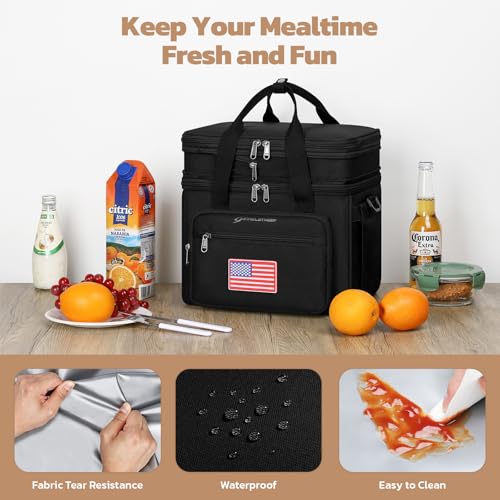 Maelstrom Lunch Box, 23L Insulated Lunch Bag, Expandable Double Deck Cooler Bag, Lightweight Leakproof Tote Bag With Side Tissue Pocket, Suit For Men and Women (F Black with DIY Hook-and-Loop) - color: F Black with DIY Hook-and-Loop