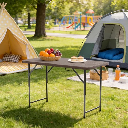 BestOffice 4 FT Picnic Table Folding Table Camping Plastic Table Fold Up Table Lock for Party Event, Brown Ratten - color: Brown Ratten, size: 4 FT