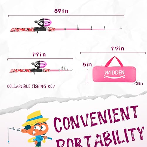 WIDDEN Kids Fishing Pole, Portable Telescopic Kids Fishing Poles for Boys and Girls, Fishing Rod and Reel Combo Kit with Tackle Box, and Fishing Net, Best Fishing Pole for Toddler Youth - color: Pink+Pink