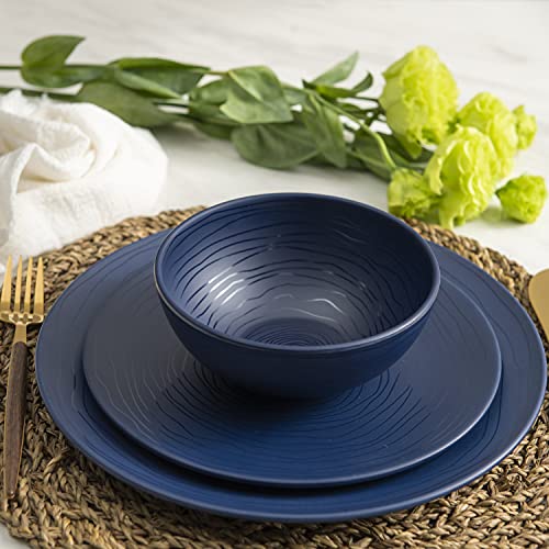 Bzyoo 12 Piece Melamine Dinnerware Set - Durable, Dishwasher Safe, Organica Navy Blue Plates and Bowls Sets Casual Dish Set for Dining, Outdoor and Kitchen - color: French Navy Blue