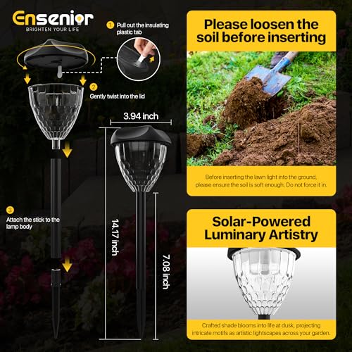 Ensenior 12-Pack Solar Lights Outdoor, 14.17" Auto ON/Off 3000K LED Solar Garden Lights for Pathway, Yard, Patio, Walkway, Planter, Waterproof, Energy-Efficient Landscape Lighting - color: Warm White, size: 14.17"H 12-Pack