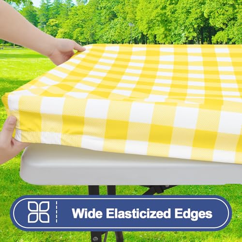 Smiry Picnic Table Cloth 2 Pack, Waterproof Elastic Fitted Tablecloths for 24x48 Rectangle Tables, Washable Polyester Buffalo Plaid Tablecloth for Camping, Dining & Outdoor (Yellow & White, 24" x 48") - color: Yellow and White, size: 24" x 48"