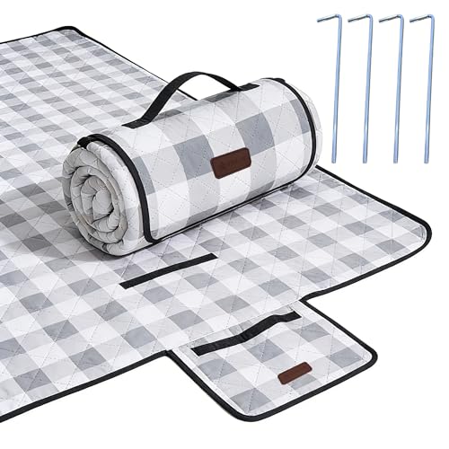 HX&OD Outdoor Picnic Blanket, Extra Large, 80''x60'' Waterproof Foldable Blankets Gingham Picnic Mat for Beach, Camping Grass Lawn Park Accessories Cute Couple Ideas Wedding (Gray, 80”x60”) - color: Grey, size: 5' x 6'8" (Square)