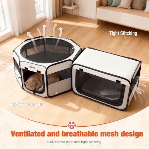 2-in-1 Portable Cat Playpen, [48 * 26 * 26in] Large Pet Playpen with Detachable Litter Box Enclosure Playpen, Pop-Up Indoor/Outdoor Puppy Kennel for Cats/Small Dogs/Rabbits, Foldable with Carry Bag