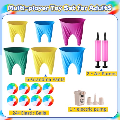 Granny Pants Yard Game Set, Granny Pants Family Outdoor Party Games, Oversized Pants with Bouncy Balls and Electric Air Pump, Outdoor Tossing Games for Adult Yard Game Birthday Party Family Reunion - color: 4 Oversized Red Blue Yellow Green + 2 Small Size
