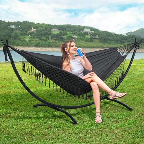 SUNCREAT Portable Outdoor Hammock with Stand Included, Double Hammock with Tassel for Outside, Dark Gray - color: Tassel-dark Gray