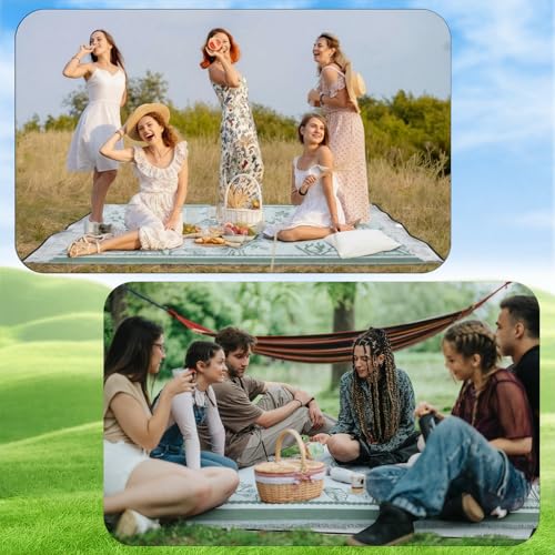 Hahafelt 91x 71 in Extra Large Outdoor Picnic Blanket with Waterproof Mat Oversize Beach Woven Cotton Yarn Blanket with Fringe Machine Sandproof for Spring Summer Camping Beach Park(Plants,Green) - color: Green