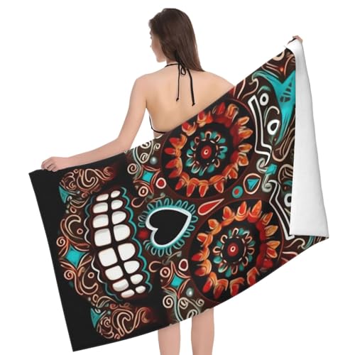 Sugar Skulls Day of the Dead Beach Towel Oversized 52 x 32 in Sand Free Pool Swim Towels for Adult Travel Blanket Lightweight Quick Dry Absorbent Bath Towels Cruise Vacation Accessories