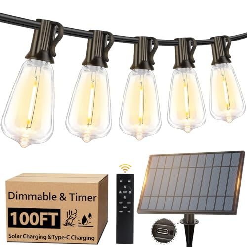 100FT Outdoor Solar String Lights with Remote, USB Rechargeable LED Patio Lights with 52 Timer Dimmable ST38 Edison Bulbs, Enhanced 5W Solar Panel Outside Hanging Lights for Porch Garden Deck Backyard - size: 100FT
