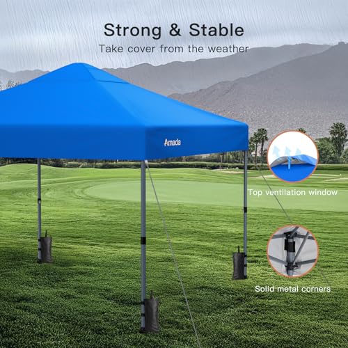 Amada 12x12 Pop Up Canopy Tent, 1-Button Push Easy-up Outdoor Canopy Beach Tent with 3-Height Adjustable Waterproof Shade Shelter, Wheeled STO-N-Go Bag 8 Stakes, 4 SandBags (Blue) - color: Blue, size: 12x12ft