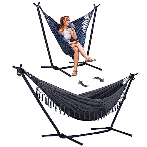 SUNCREAT 2-in-1 Hammocks Convertible Portable Double Hammock with Stand Included, Outdoor Hammock and Stand, Patented, Dark Grey with Tassel - color: A-dark Grey With Tassel