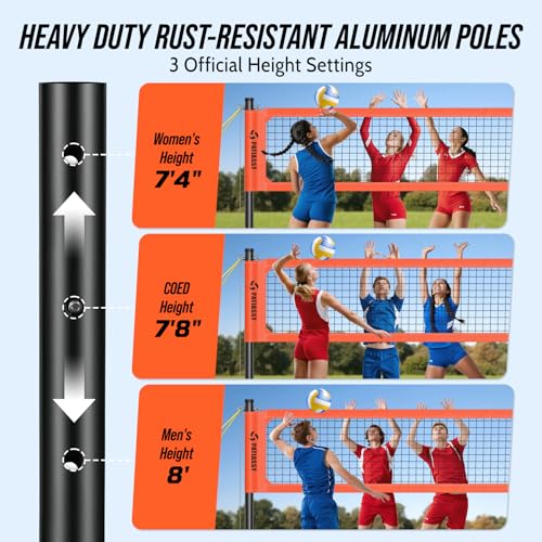 Professional Heavy Duty Volleyball Net Set for Backyard & Beach, Outdoor Net System with Steel Anti-Sag Winch, 32FT Reinforced Net, Height Adjustable Rust-Resistant Aluminum Poles, Portable Carry Bag - color: G-Bright Orange