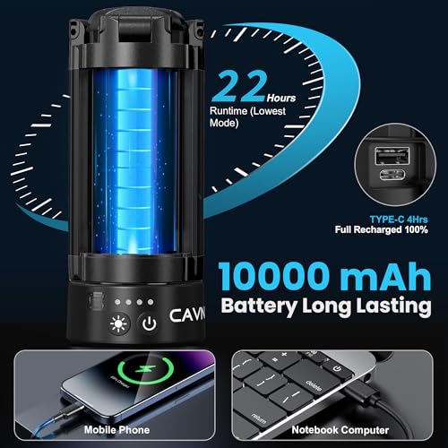 CAVN Rechargeable Camping Lights with Remote & Detachable Tripod Max Height 6.0 ft, Portable Work Light with 3 LED Lamp Heads, Camping Essentials Gear Emergency Flashlight with Hook, Black - color: Black