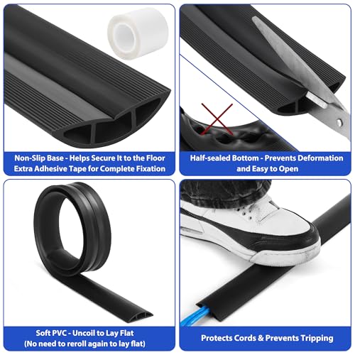ZhiYo Floor Cord Cover 4ft, Cord Hider Floor Hide Extension Cords, Cable Management Prevent Cable Trips, Floor Cable Cover Wire Covers for Cords, Cable Protector Cord Cavity W0.6in H0.32in Black - color: Black, size: 2'' W X 4' L