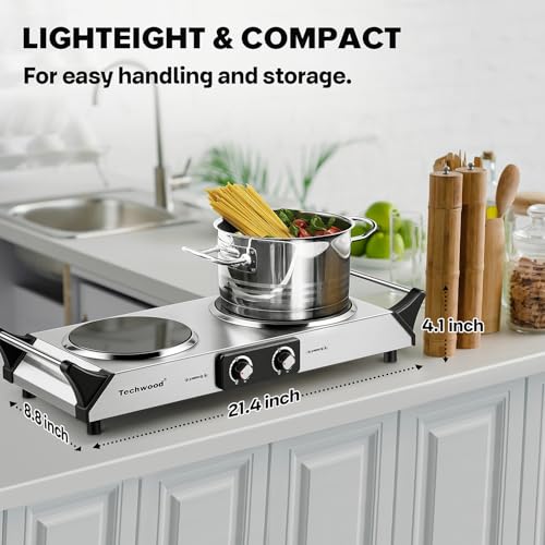 Techwood Electric Stove, Double Infrared Ceramic Hot Plate for Cooking, Two Control Cooktop Burner, Portable Anti-scald handles Suitable for Office/Home/Camp Use, 1800W Compatible for All Cookwares - color: Silver, size: Infrared Ceramic Double Burner