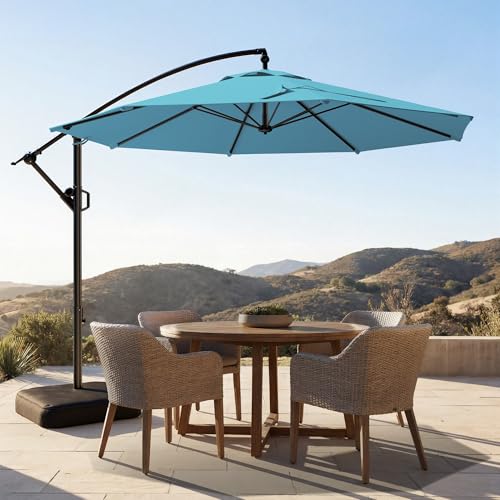 HOMSHADE 10ft Offset Patio Umbrella with Base Included, Cantilever Offset Hanging Patio Outdoor Market Umbrella UPF50+ UV Protection with Easy Tilt and Crank for Pool Deck and Garden(Light Blue) - color: Light Blue
