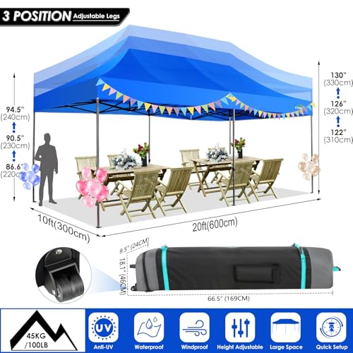 COBIZI 10x20 Heavy Duty Pop up Canopy Tent with 6 sidewalls Easy Up Commercial Outdoor Wedding Party Tents for Parties All Season Wind & Waterproof Gazebo with Roller Bag, Blue(Frame Thickened) - color: Blue, size: 10x20 With 6 Sidewalls