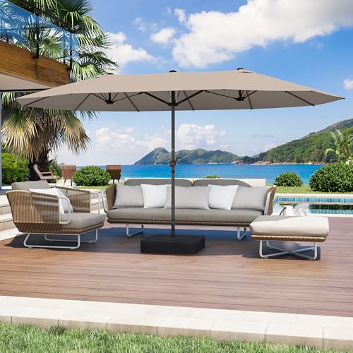 GDPFN 15FT Large Patio Umbrella with Base Included, Outdoor Deck Standing Umbrella with Crank Handle, Double-Side Rectangular Pool Umbrella for Outside, Market, Patio, Beige - color: Beige, size: With Base-no Led
